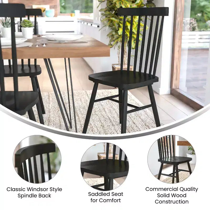 Set of 2 Commercial Grade Windsor Dining Chairs, Solid Wood Armless Spindle Back Restaurant Dining Chairs
