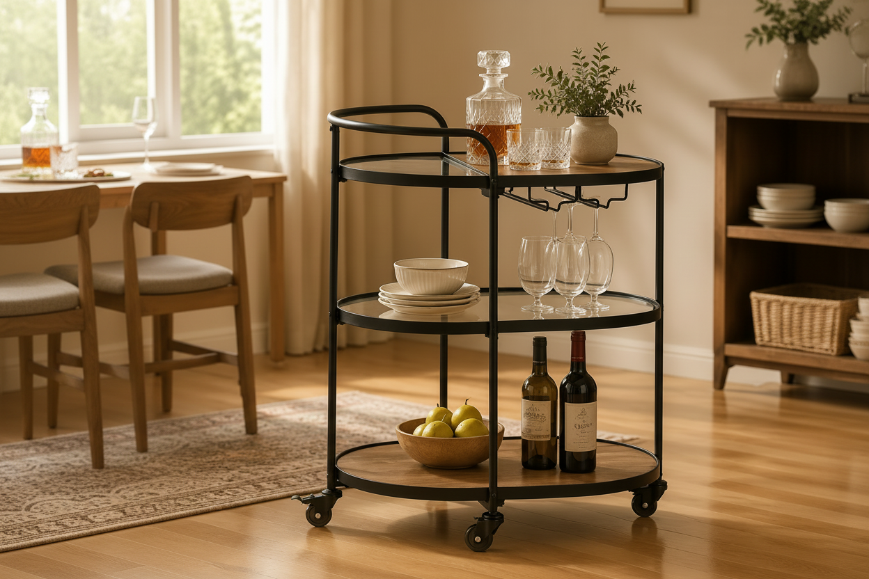Brown Solid Wood 3 Shelf Bar Cart_Server with Casters
