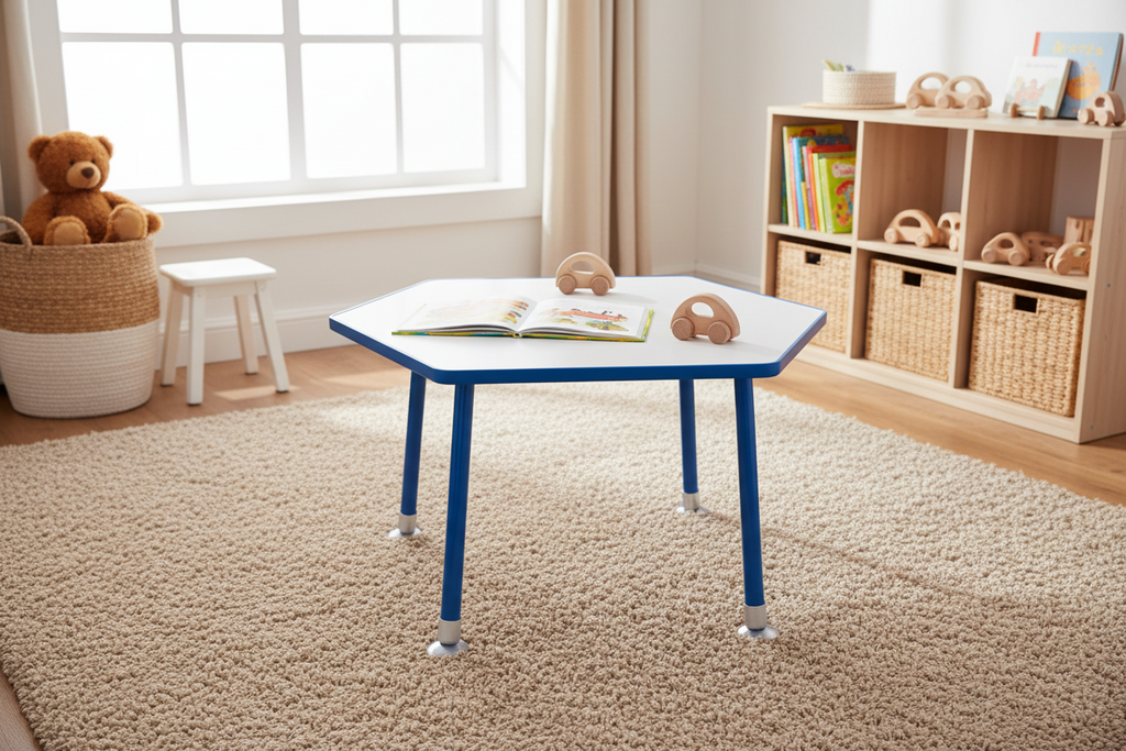Tavolo trapezoidale laminato grigio per adulti (24 x 48) in blu