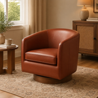 Modern Top Grain Leather 360 Swivel Chair Accent Chair with Soft Cushion Barrel Sofa Chair with Wood Base for Lounge Office Bedroom