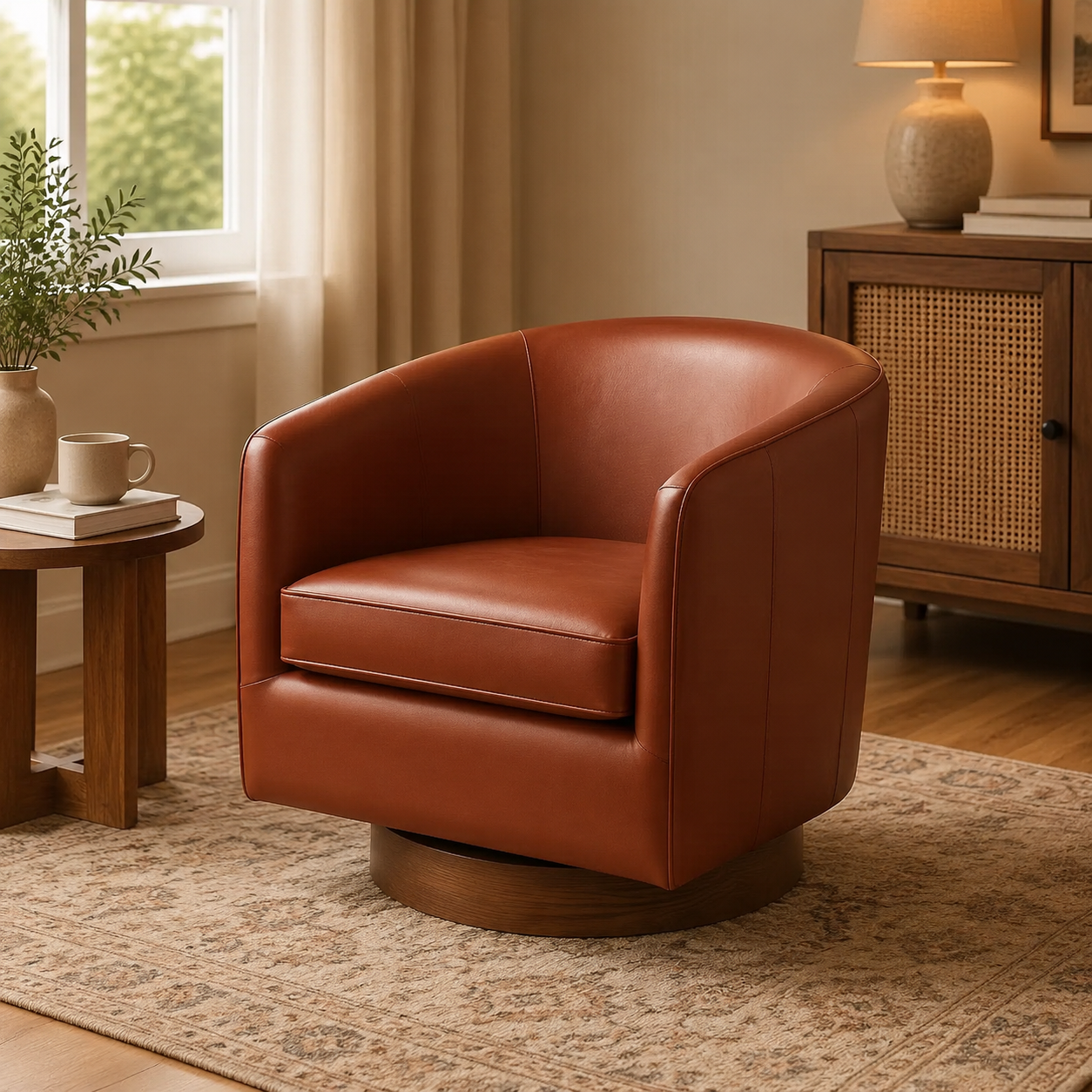 Modern Top Grain Leather 360 Swivel Chair Accent Chair with Soft Cushion Barrel Sofa Chair with Wood Base for Lounge Office Bedroom